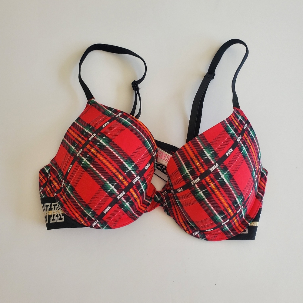 Victoria's Secret PINK Brand Red Plaid Underwire T Shirt Bra Women's Bra 34C